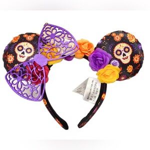 Disney Coco Themed Sugar Skull Purple and Black Floral Mouse Ears